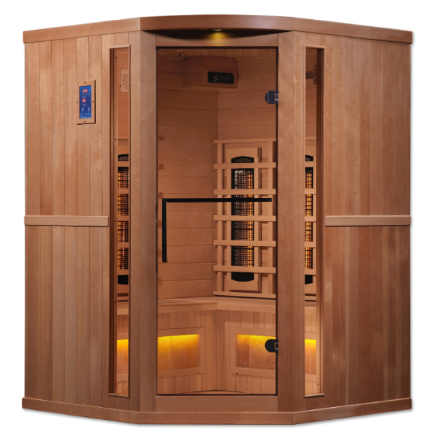 Golden Designs 3-Person Corner Full Spectrum PureTech™ Near Zero EMF FAR Infrared Sauna with Himalayan Salt Bar (Canadian Hemlock)
