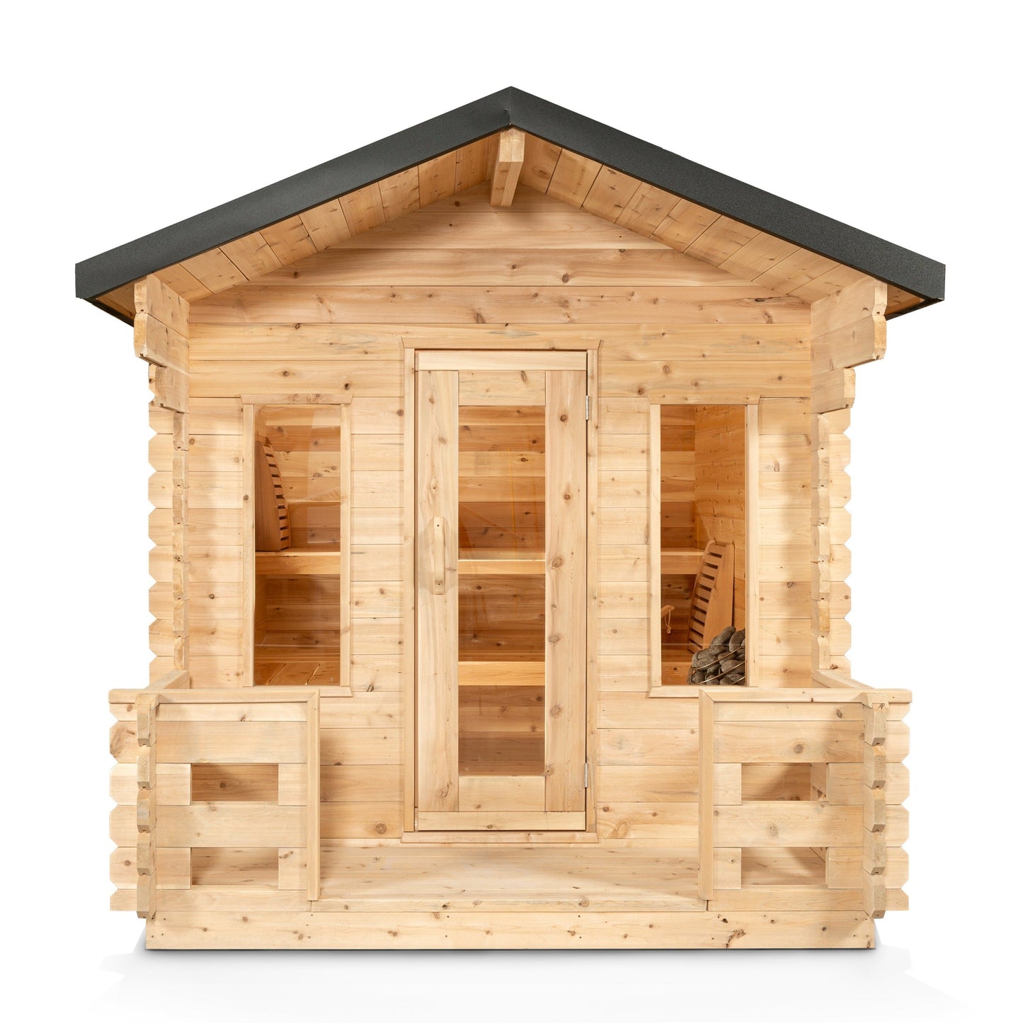 Dundalk Leisurecraft Canadian Timber 6 Person Georgian Cabin Sauna with Porch CTC88PW + HUUM HIVE HEATER WIFI + Chimney & Shields