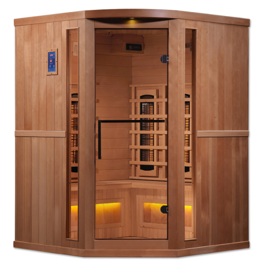 Golden Designs 3-Person Corner Full Spectrum PureTech™ Near Zero EMF FAR Infrared Sauna with Himalayan Salt Bar (Canadian Hemlock)