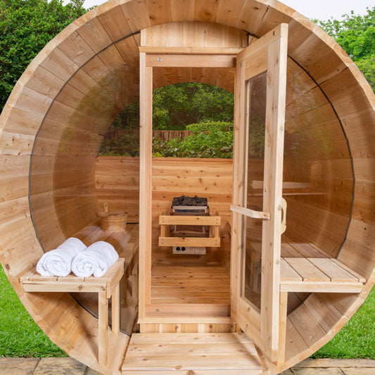 Dundalk Leisurecraft Canadian Timber 4 Person SERENITY MP Barrel Sauna PREMIUM PACKAGE CTC2245MP + HUUM HEATER + CHIMNEY & SHIELD + CEDAR BEVEL ROOF