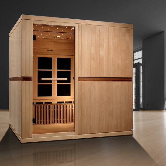 GOLDEN DESIGNS | CATALONIA 8-PERSON PureTech™ NEAR ZERO EMF (UNDER 2MG) FAR INFRARED SAUNA (CANADIAN HEMLOCK)