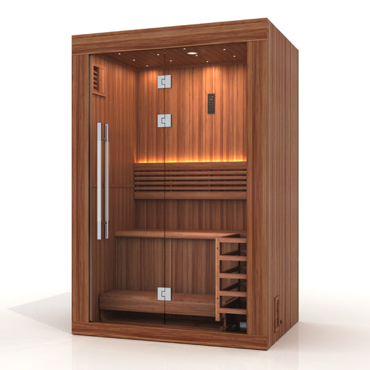New Golden Designs 2025 Updated "Sundsvall Edition" 2 Person Traditional Sauna - Canadian Red Cedar Interior and Pacific Premium Clear Cedar Exterior