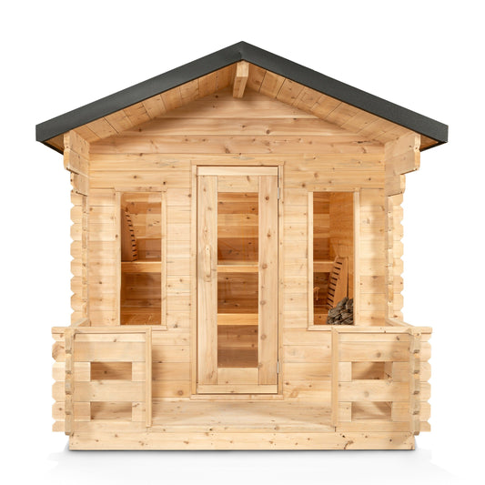 Dundalk Leisurecraft Canadian Timber 6 Person Georgian Cabin Sauna with Porch CTC88PW + HUUM HIVE HEATER WIFI + Chimney & Shields