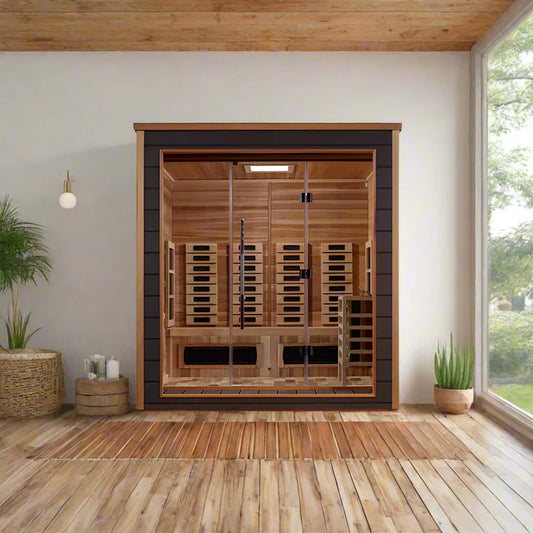 Golden Designs Visby 3 Person Outdoor-Indoor PureTech™ Hybrid Full Spectrum Sauna (GDI-8223-01) - Canadian Red Cedar Interior