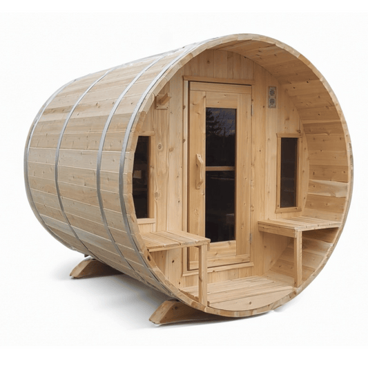 Dundalk Leisurecraft Canadian Timber 6 Person TRANQUILITY MP Barrel Sauna CTC2345MP PREMIUM PACKAGE: HUUM WiFi HEATER + Chimney & Shields + Cedar Bevel Roof